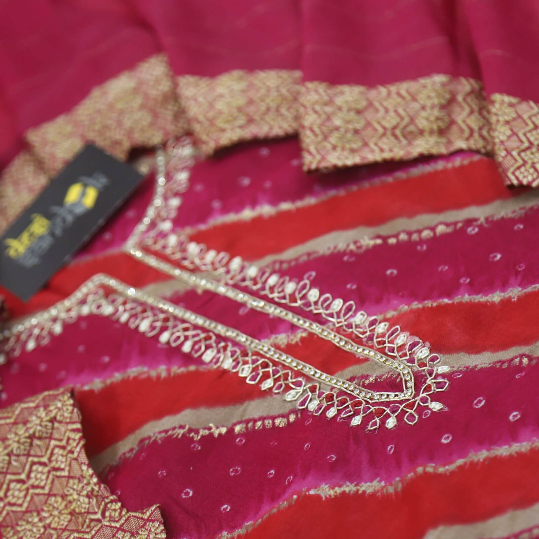 Leher Shades Of Jazzberry Jam Embellished Neckline Printed Modal Top With Chanderi Silk Dupatta Set