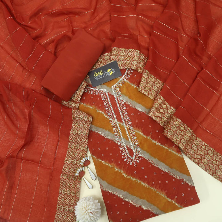 Leher Shades Of Rust Orange Embellished Neckline Printed Modal Top With Chanderi Silk Dupatta Set