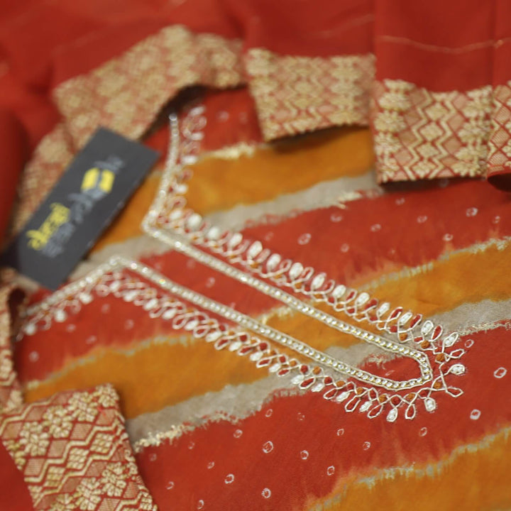 Leher Shades Of Rust Orange Embellished Neckline Printed Modal Top With Chanderi Silk Dupatta Set