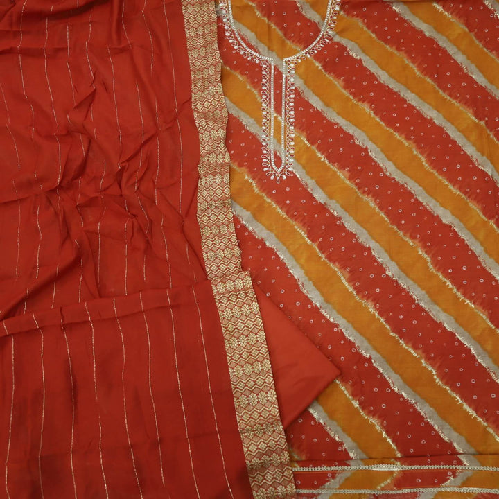 Leher Shades Of Rust Orange Embellished Neckline Printed Modal Top With Chanderi Silk Dupatta Set