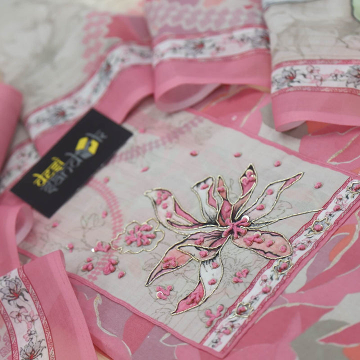 Riwayaat Baby Pink Patch Work Tropical Print Glazed Cotton Top with Digital Printed Cotton Dupatta Set