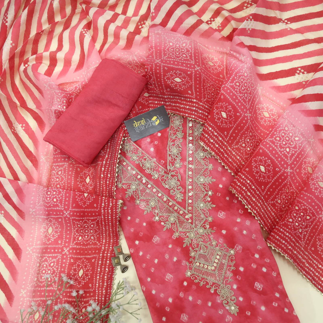Nazakat Rouge Pink V neck Bandhani Print Muslin Top with Stripe Print Muslin Dupatta Set