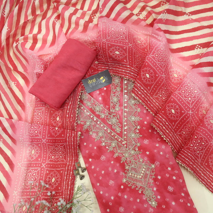 Nazakat Rouge Pink V neck Bandhani Print Muslin Top with Stripe Print Muslin Dupatta Set