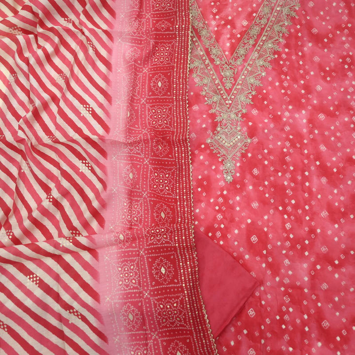 Nazakat Rouge Pink V neck Bandhani Print Muslin Top with Stripe Print Muslin Dupatta Set