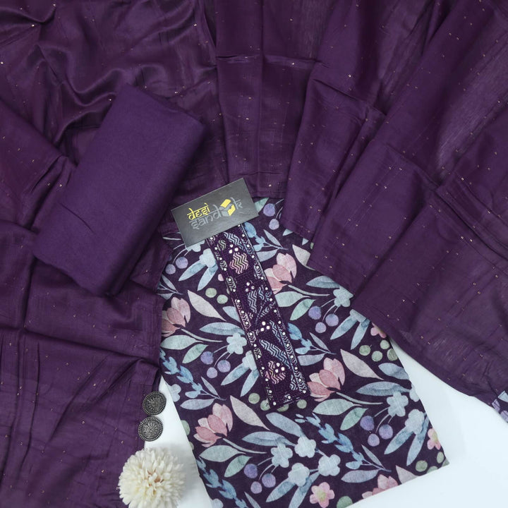 Eggplant Purple Floral Digital Printed Cotton Linen Top and Dupatta Set