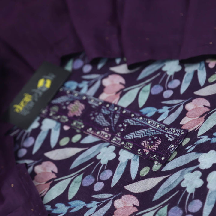 Eggplant Purple Floral Digital Printed Cotton Linen Top and Dupatta Set
