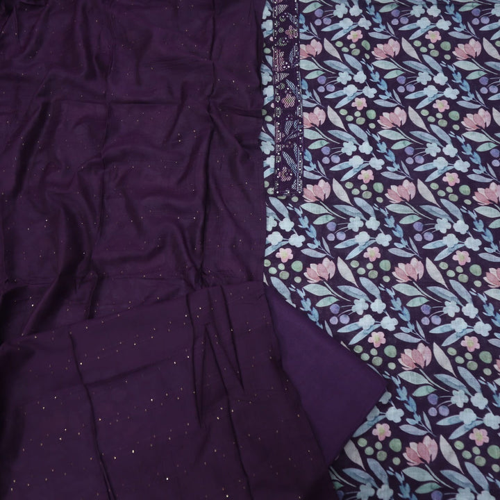 Eggplant Purple Floral Digital Printed Cotton Linen Top and Dupatta Set