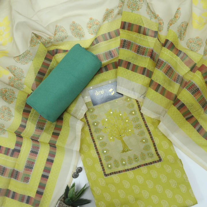 Ruhayi Spring Yellow Rayon Cotton Top with Digital Printed Chanderi Dupatta Set-D2
