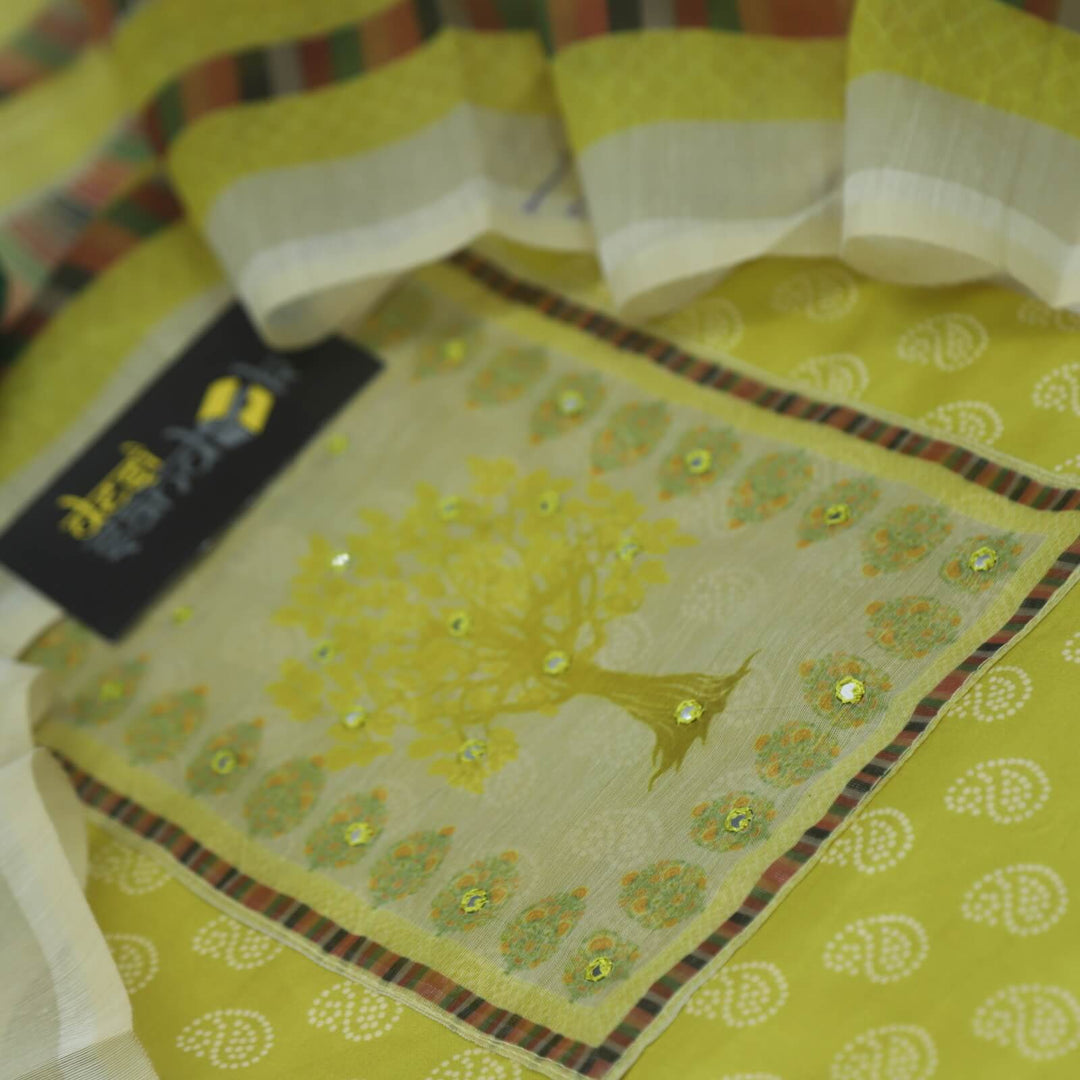 Ruhayi Spring Yellow Rayon Cotton Top with Digital Printed Chanderi Dupatta Set-D2
