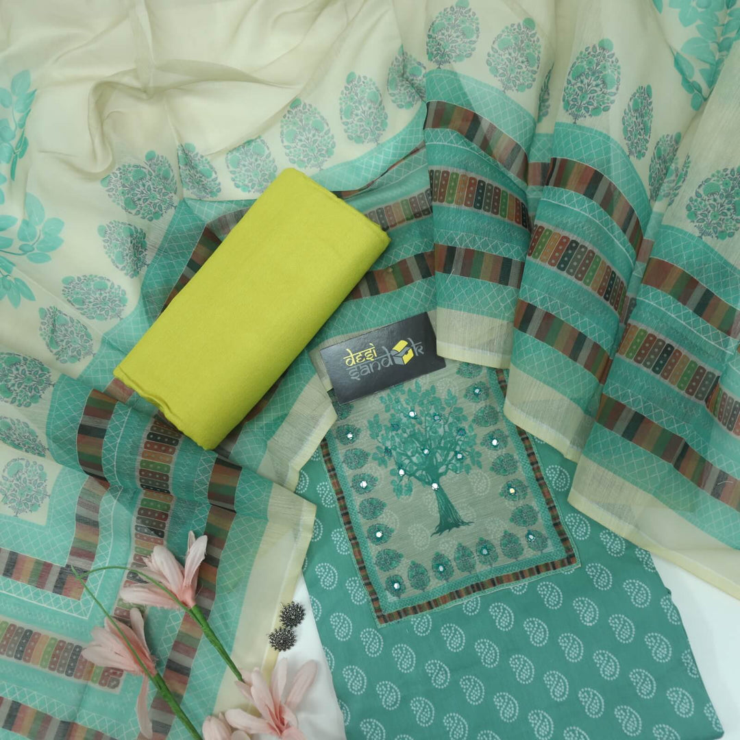 Ruhayi Hunter Green Rayon Cotton Top with Digital Printed Chanderi Dupatta Set D2