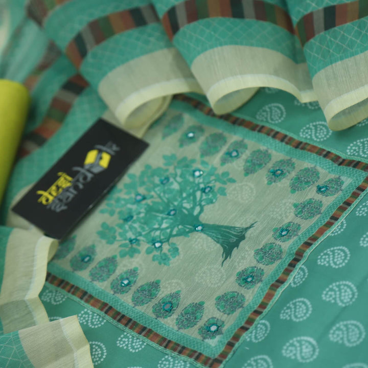 Ruhayi Hunter Green Rayon Cotton Top with Digital Printed Chanderi Dupatta Set D2
