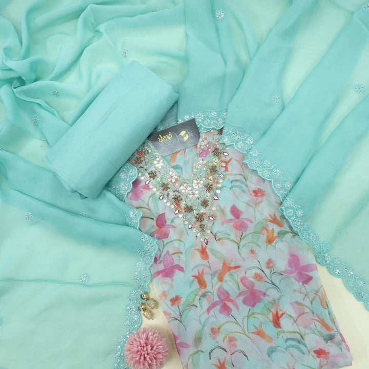 Sufiyana Turquoise Blue Embellished Neck Work Floral Printed Organza Top with Organza Dupatta Set