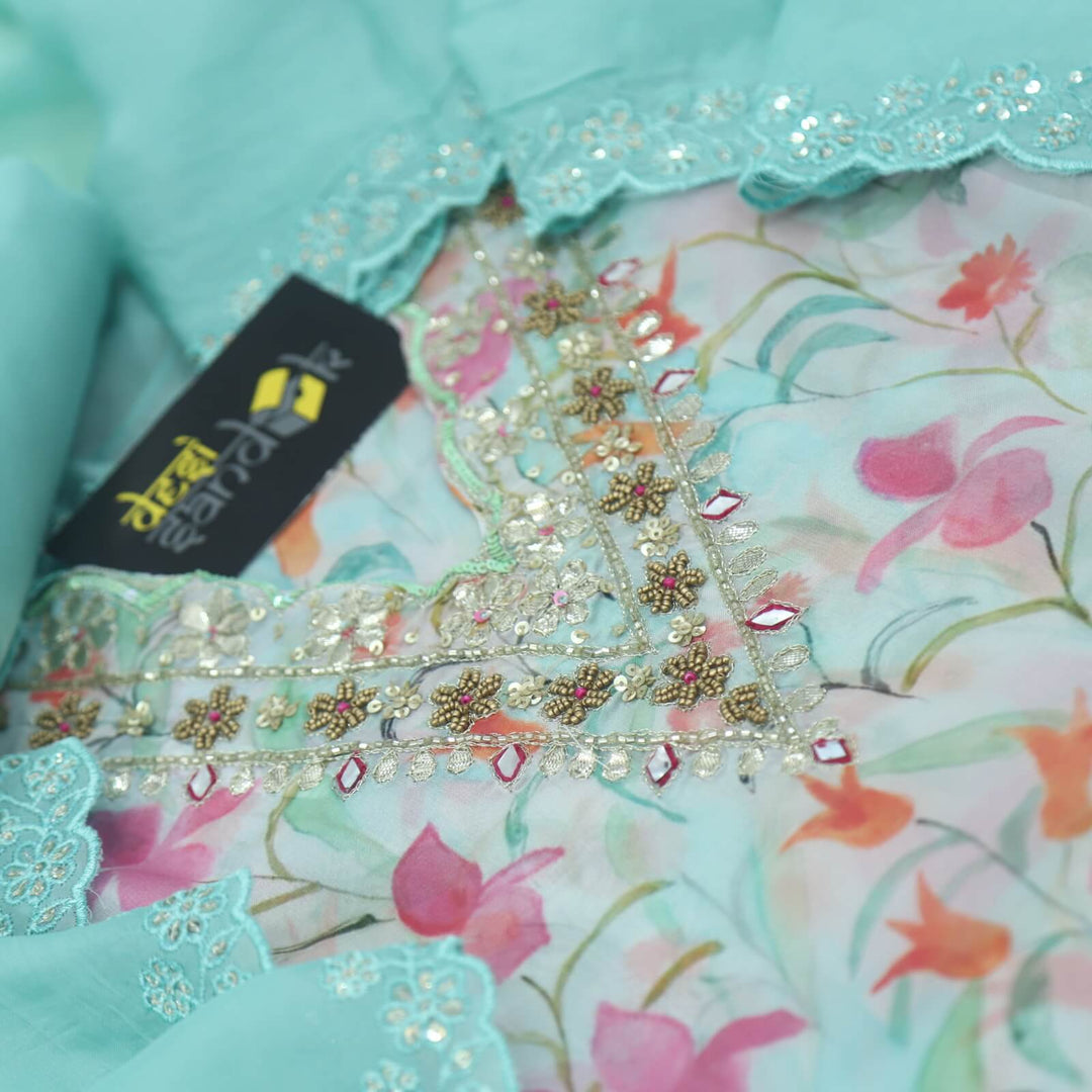Sufiyana Turquoise Blue Embellished Neck Work Floral Printed Organza Top with Organza Dupatta Set