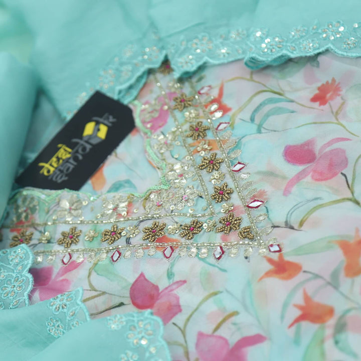 Sufiyana Turquoise Blue Embellished Neck Work Floral Printed Organza Top with Organza Dupatta Set