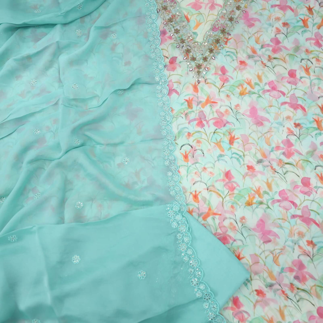 Sufiyana Turquoise Blue Embellished Neck Work Floral Printed Organza Top with Organza Dupatta Set