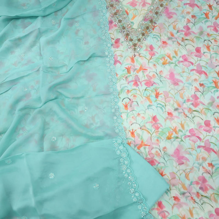 Sufiyana Turquoise Blue Embellished Neck Work Floral Printed Organza Top with Organza Dupatta Set