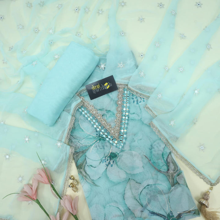 Sufiyana Turquoise Blue Embellished Neck Work Printed Organza Top with Thread Work Chiffon Dupatta Set