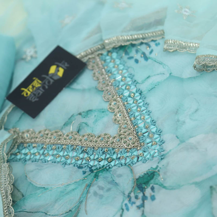 Sufiyana Turquoise Blue Embellished Neck Work Printed Organza Top with Thread Work Chiffon Dupatta Set