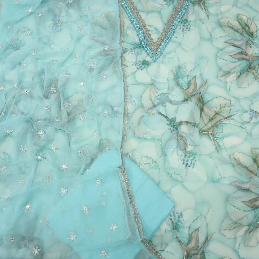 Sufiyana Turquoise Blue Embellished Neck Work Printed Organza Top with Thread Work Chiffon Dupatta Set