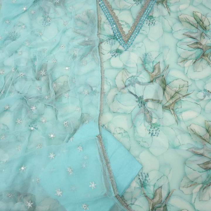 Sufiyana Turquoise Blue Embellished Neck Work Printed Organza Top with Thread Work Chiffon Dupatta Set