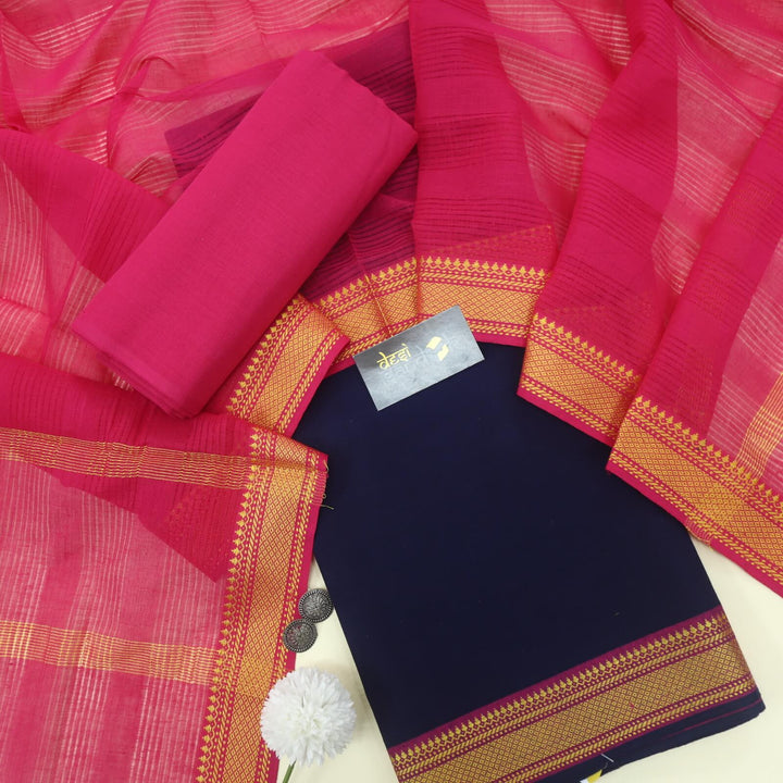 Denim Blue South Cotton Top with Mangalgiri Hem with Punch Pink Dupatta Set