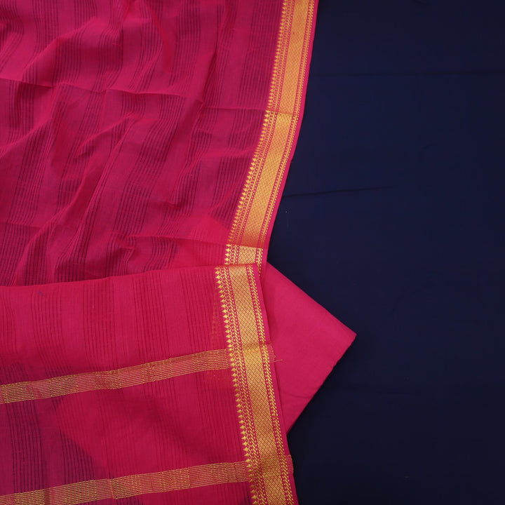 Denim Blue South Cotton Top with Mangalgiri Hem with Punch Pink Dupatta Set
