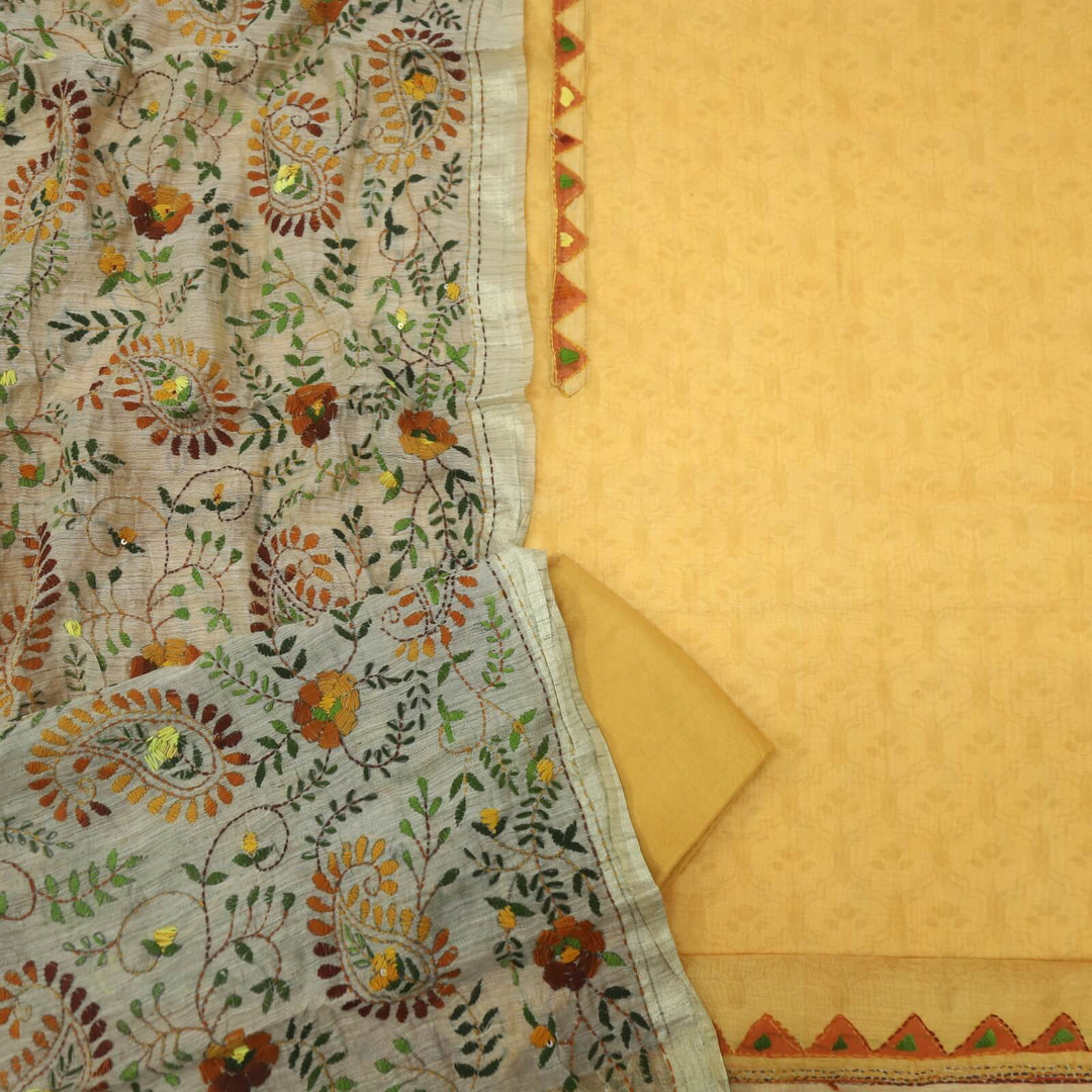 Hairat dandelion Yellow Digital Printed Chanderi Top with Kantha Work Dupatta Set