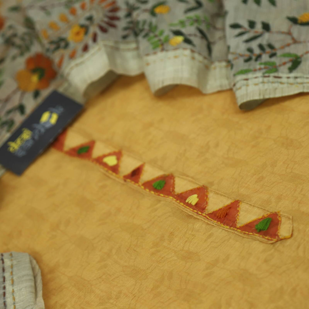 Hairat dandelion Yellow Digital Printed Chanderi Top with Kantha Work Dupatta Set