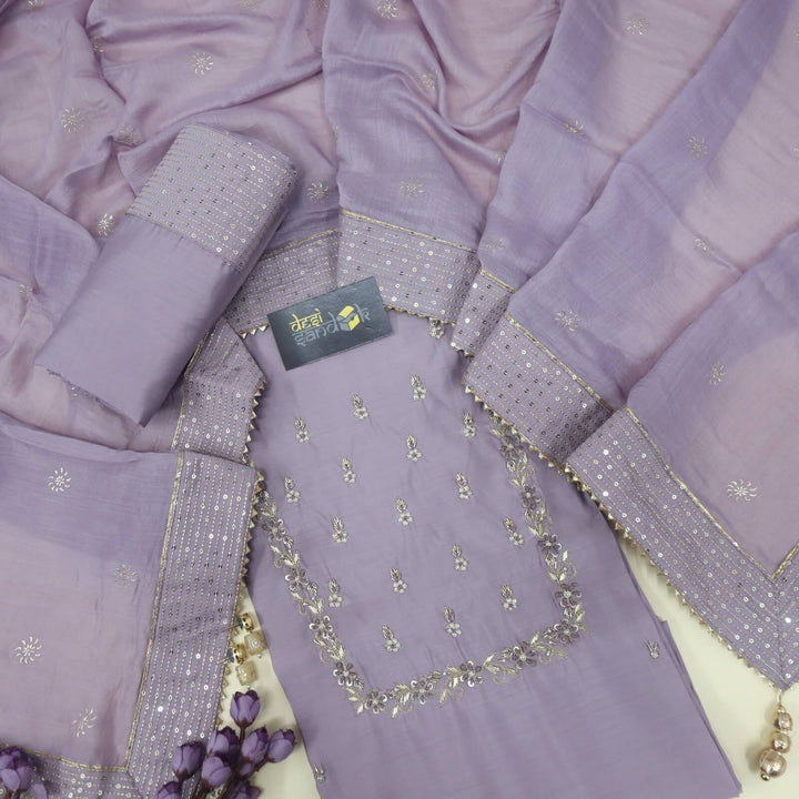 Zohrana Lilac Embellished Neck Work Chanderi Silk Top with Chanderi Silk Dupatta Set