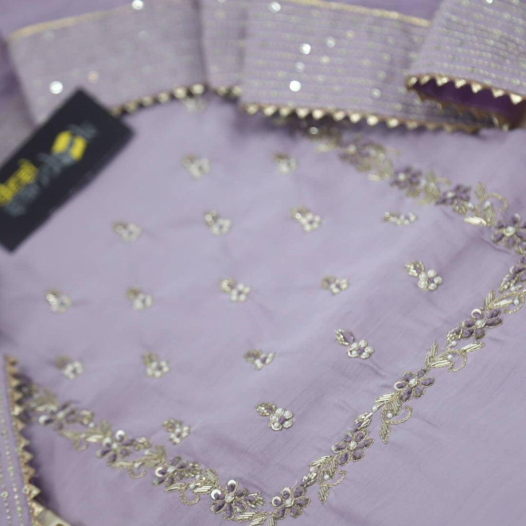 Zohrana Lilac Embellished Neck Work Chanderi Silk Top with Chanderi Silk Dupatta Set
