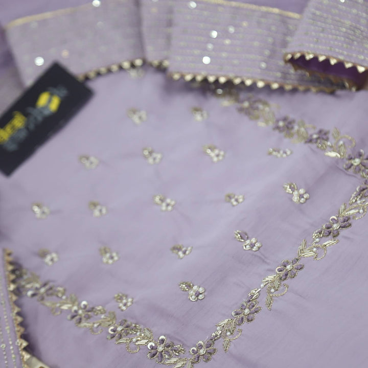 Zohrana Lilac Embellished Neck Work Chanderi Silk Top with Chanderi Silk Dupatta Set
