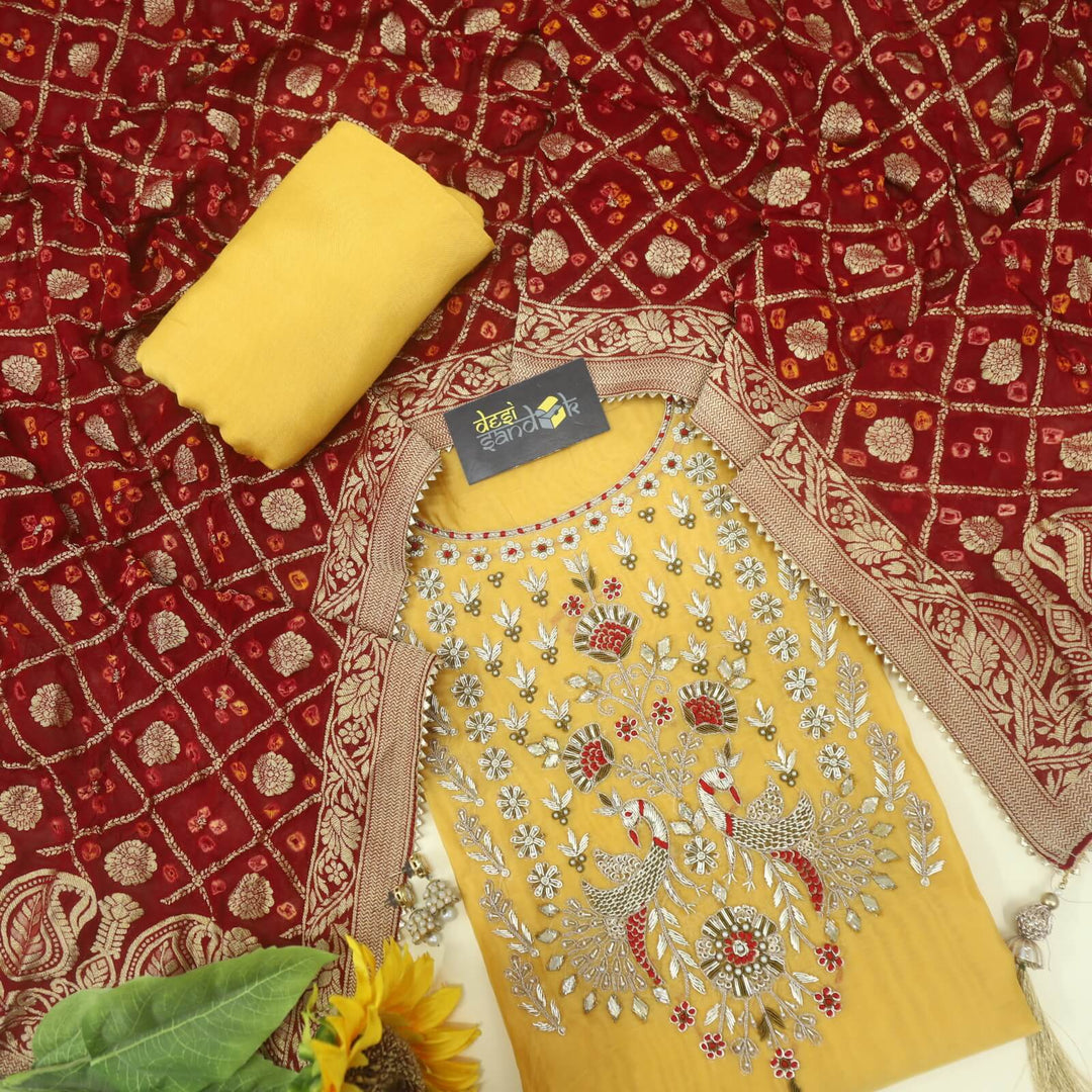 Zohrana Dandelion Yellow Embellished Neck Work Chanderi Top and Banarasi Silk Dupatta Set