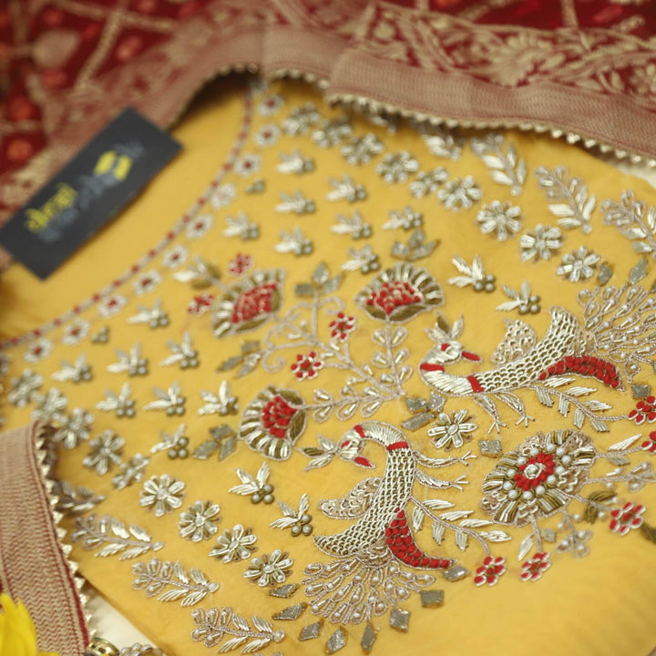 Zohrana Dandelion Yellow Embellished Neck Work Chanderi Top and Banarasi Silk Dupatta Set