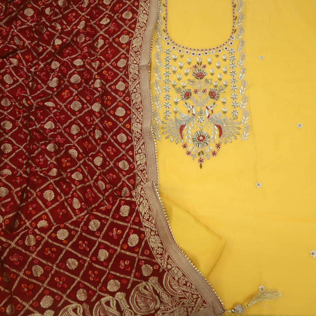 Zohrana Dandelion Yellow Embellished Neck Work Chanderi Top and Banarasi Silk Dupatta Set