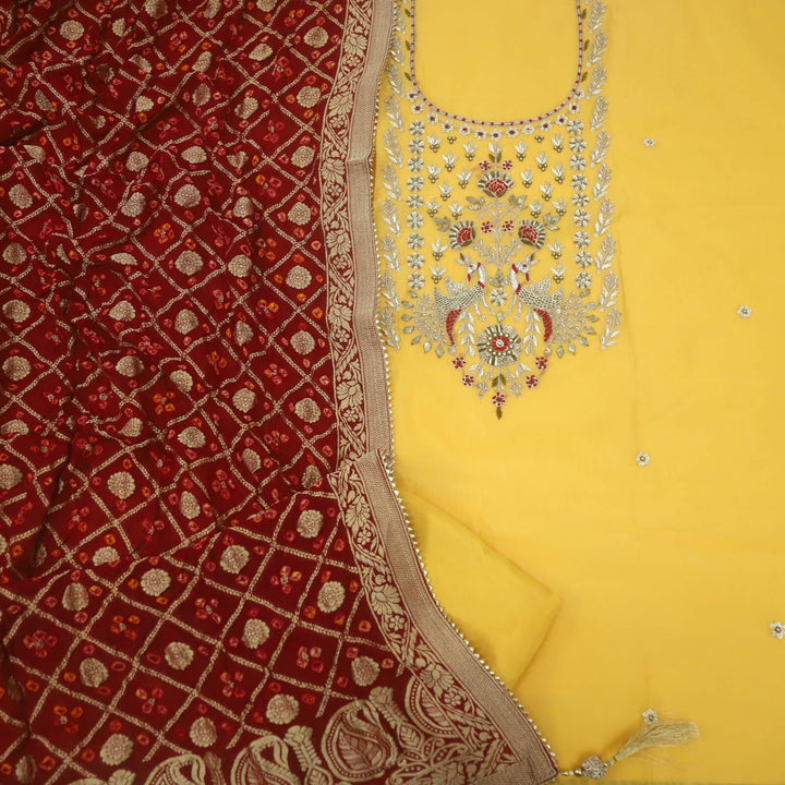 Zohrana Dandelion Yellow Embellished Neck Work Chanderi Top and Banarasi Silk Dupatta Set