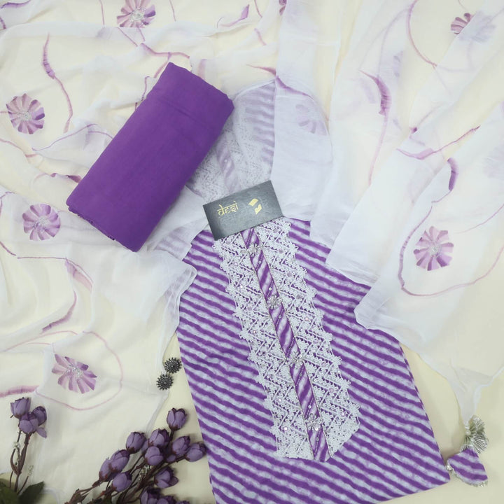 Leher Violet Purple Cotton Leheriya Top with Hand Painted Chiffon Dupatta Set