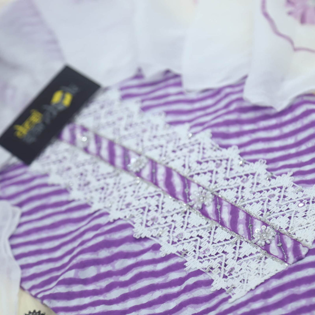 Leher Violet Purple Cotton Leheriya Top with Hand Painted Chiffon Dupatta Set