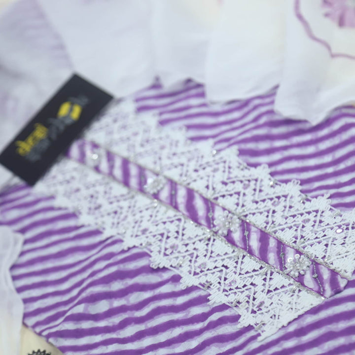 Leher Violet Purple Cotton Leheriya Top with Hand Painted Chiffon Dupatta Set