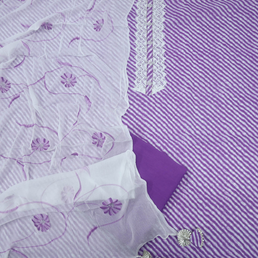 Leher Violet Purple Cotton Leheriya Top with Hand Painted Chiffon Dupatta Set