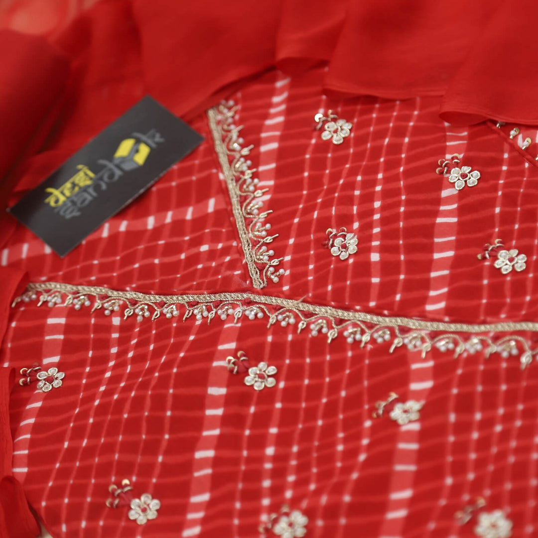 Leher Bright Red Embellished Neck Work Cotton Leheriya Top with Chiffon Dupatta Set