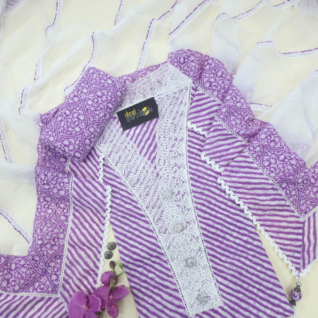 Lehar Lilac Lace Work Leheriya Cotton Top With Semi Cotton and Organza Dupatta set-D2