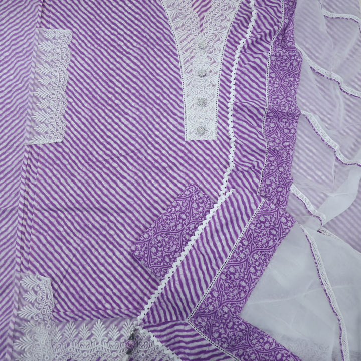 Lehar Lilac Lace Work Leheriya Cotton Top With Semi Cotton and Organza Dupatta set-D2
