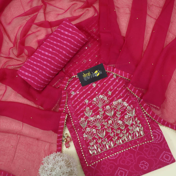 Leher Rani Pink Embellished Work Bandhani Print Cotton Top with Chiffon Dupatta Set