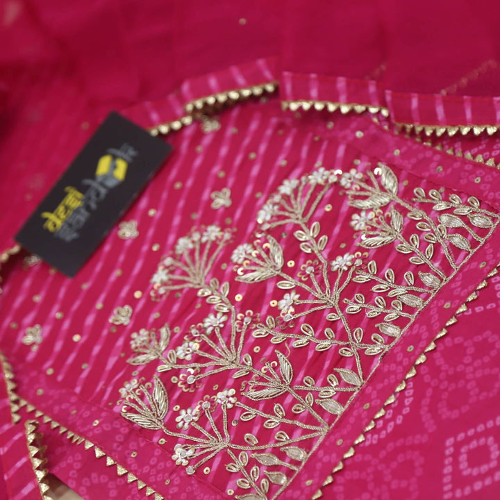 Leher Rani Pink Embellished Work Bandhani Print Cotton Top with Chiffon Dupatta Set