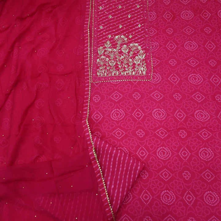 Leher Rani Pink Embellished Work Bandhani Print Cotton Top with Chiffon Dupatta Set