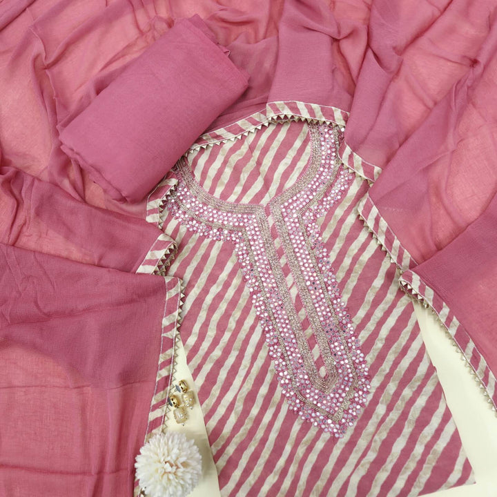 Leher Rouge Pink Embellished Neck Work Muslin Top with Plain Chiffon Dupatta Set