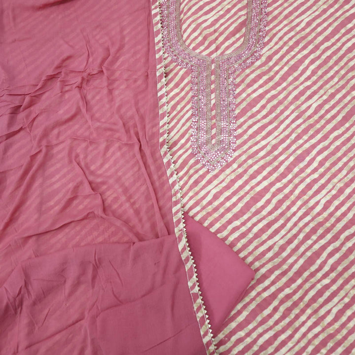 Leher Rouge Pink Embellished Neck Work Muslin Top with Plain Chiffon Dupatta Set