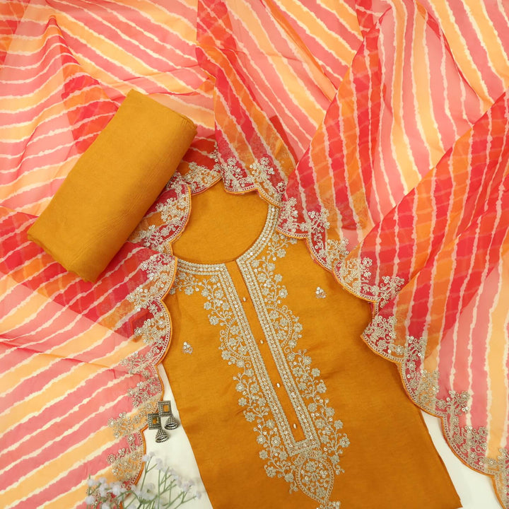 Himayati Yam Orange Designer Neck work Dola Silk Top with Leheriya Print Organza Dupatta Set