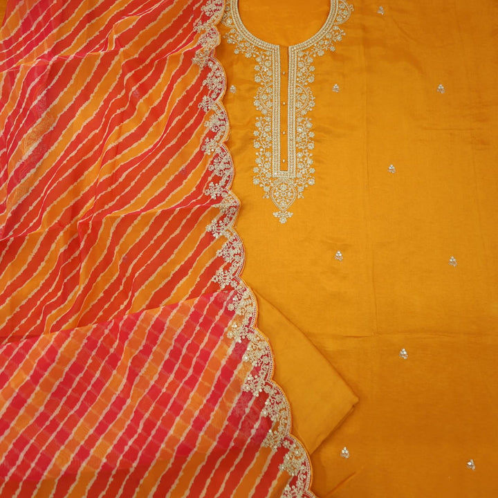 Himayati Yam Orange Designer Neck work Dola Silk Top with Leheriya Print Organza Dupatta Set