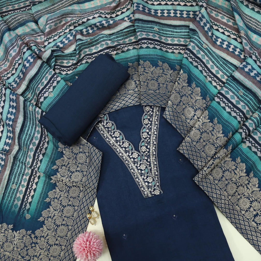 Himayati Peacock V Neck Blue Dola Silk Top with Printed Muslin Dupatta Set